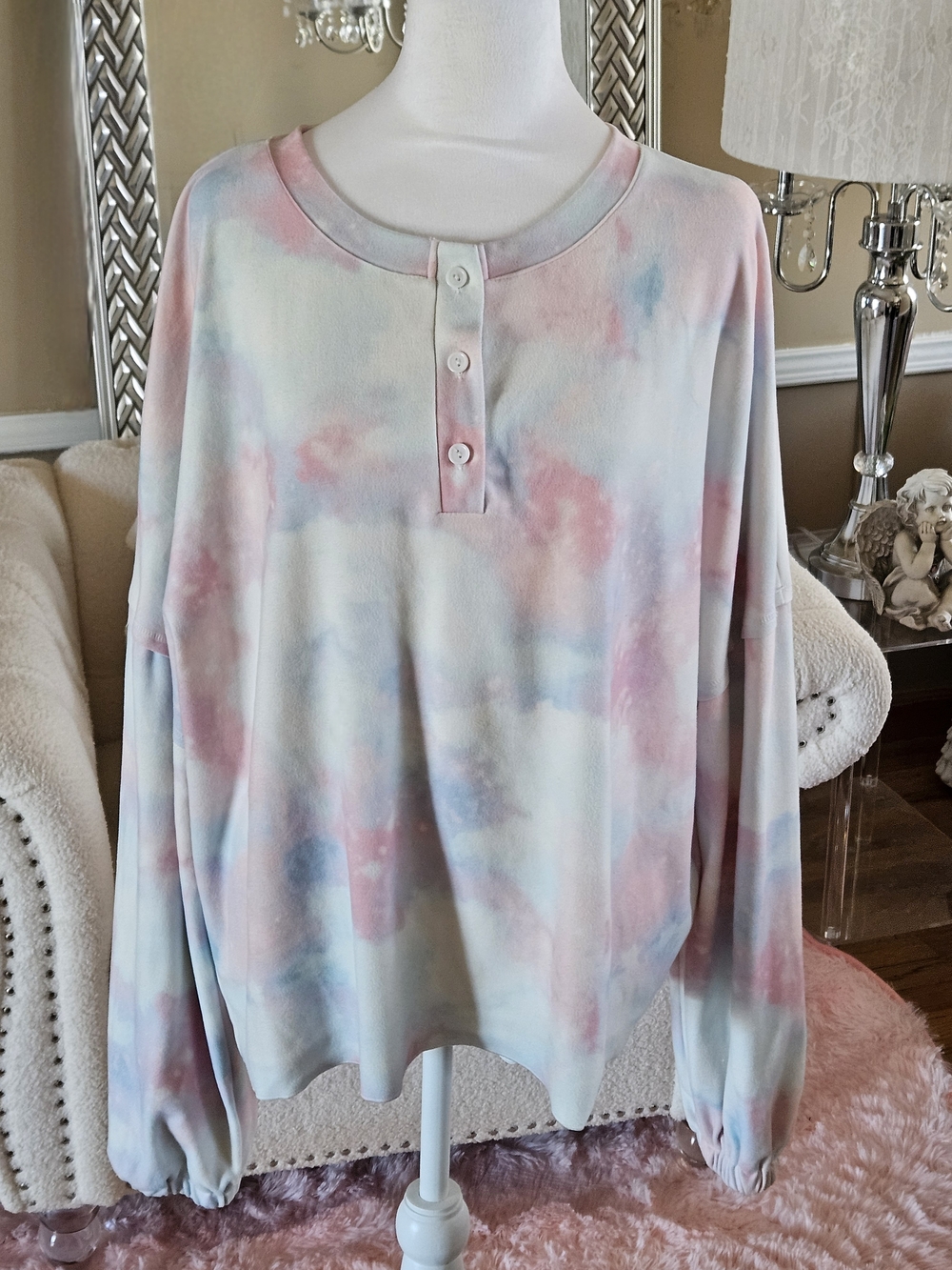 Pastel Tie-Dye Henley Pullover - Pink & Blue